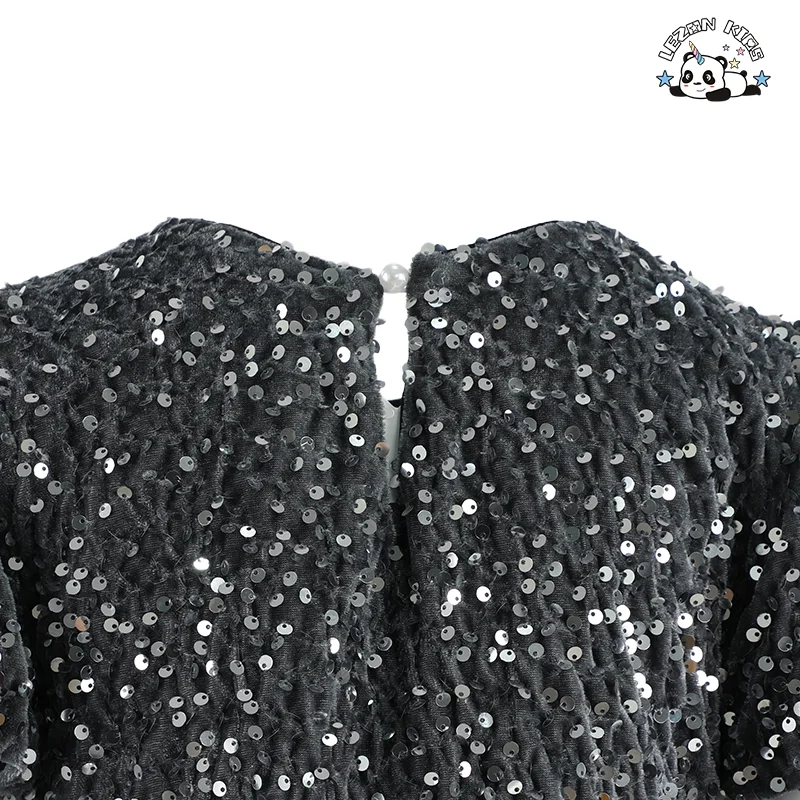 LEZONKIDS - Vestido curto com lantejoulas e mangas curtas para meninas, moda infantil, vestido solto em forma de A para aniversário